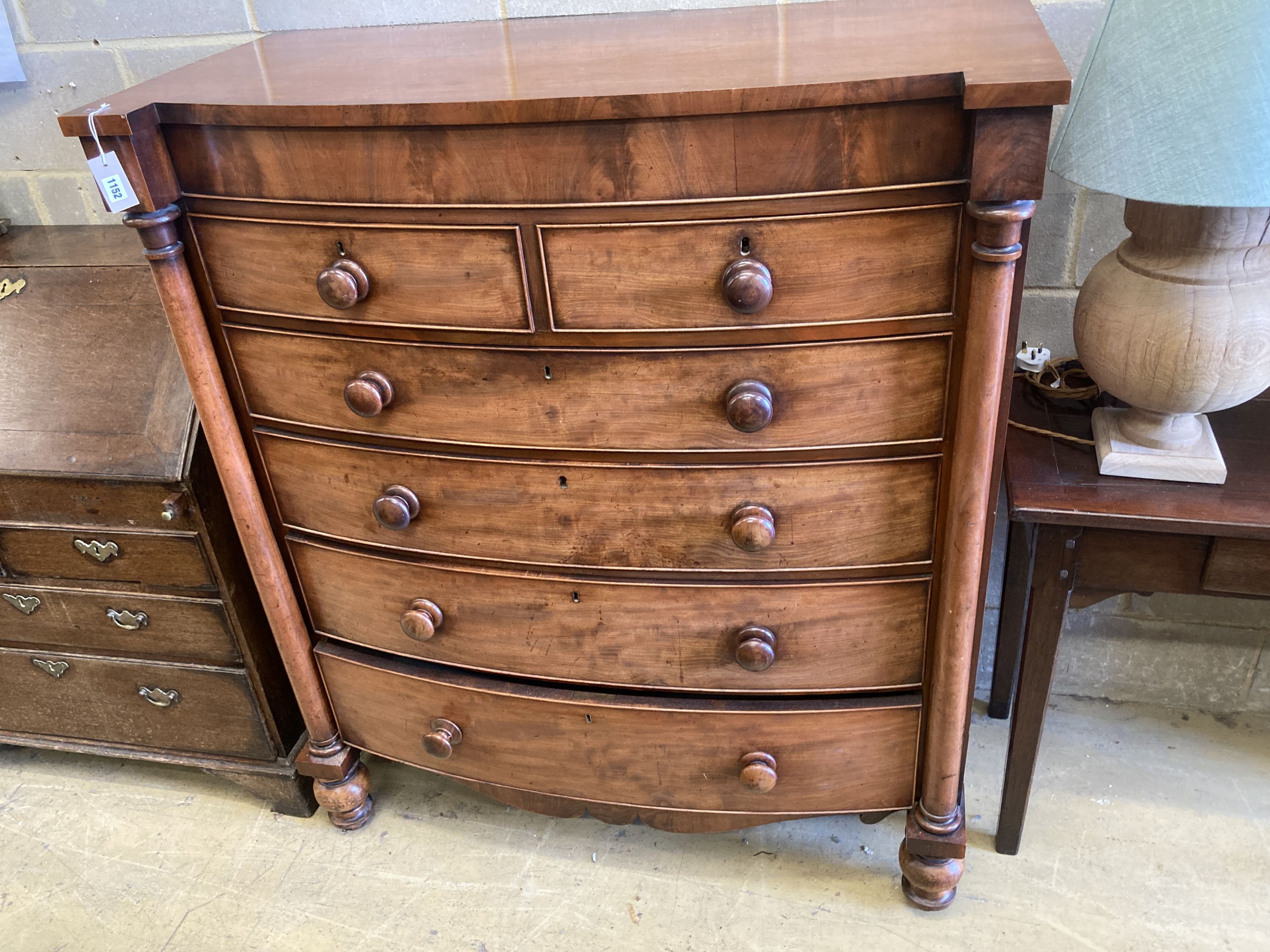 A Victorian mahogany bow front chest, width 120cm, depth 57cm, height 137cm